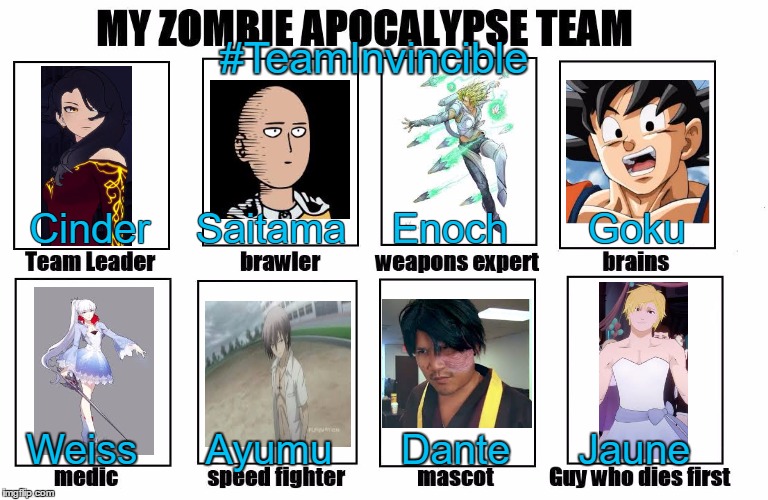 My Zombie Apocalypse Team | #TeamInvincible; Cinder    Saitama    Enoch       Goku; Weiss      Ayumu      Dante      Jaune | image tagged in my zombie apocalypse team | made w/ Imgflip meme maker