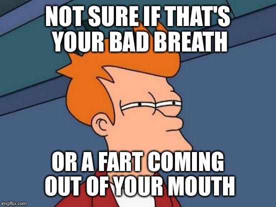 Futurama Fry | NOT SURE IF THAT'S YOUR BAD BREATH; OR A FART COMING OUT OF YOUR MOUTH | image tagged in memes,futurama fry | made w/ Imgflip meme maker