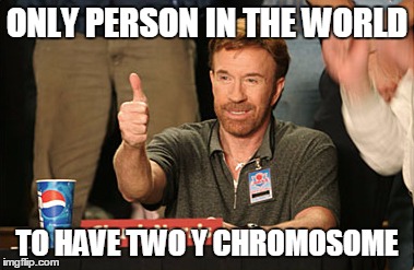 So strong, he can break the rules of basic biology! | ONLY PERSON IN THE WORLD; TO HAVE TWO Y CHROMOSOME | image tagged in memes,chuck norris approves | made w/ Imgflip meme maker