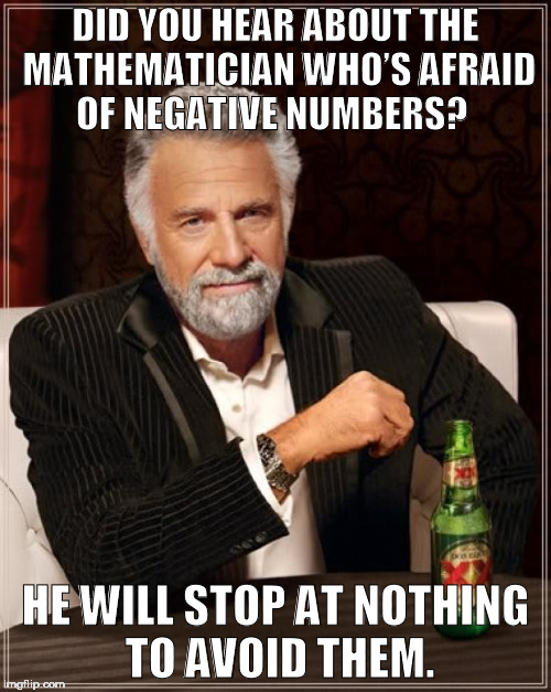The Most Interesting Man In The World | DID YOU HEAR ABOUT THE MATHEMATICIAN WHO’S AFRAID OF NEGATIVE NUMBERS? HE WILL STOP AT NOTHING TO AVOID THEM. | image tagged in memes,the most interesting man in the world | made w/ Imgflip meme maker