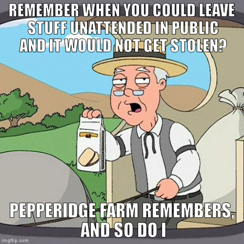 Pepperidge Farm Remembers | REMEMBER WHEN YOU COULD LEAVE STUFF UNATTENDED IN PUBLIC AND IT WOULD NOT GET STOLEN? PEPPERIDGE FARM REMEMBERS, AND SO DO I | image tagged in memes,pepperidge farm remembers | made w/ Imgflip meme maker
