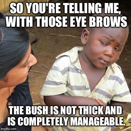 Third World Skeptical Kid | SO YOU'RE TELLING ME, WITH THOSE EYE BROWS; THE BUSH IS NOT THICK AND IS COMPLETELY MANAGEABLE. | image tagged in memes,third world skeptical kid | made w/ Imgflip meme maker