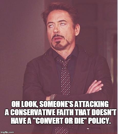 Face You Make Robert Downey Jr Meme | OH LOOK, SOMEONE'S ATTACKING A CONSERVATIVE FAITH THAT DOESN'T HAVE A "CONVERT OR DIE" POLICY. | image tagged in memes,face you make robert downey jr | made w/ Imgflip meme maker
