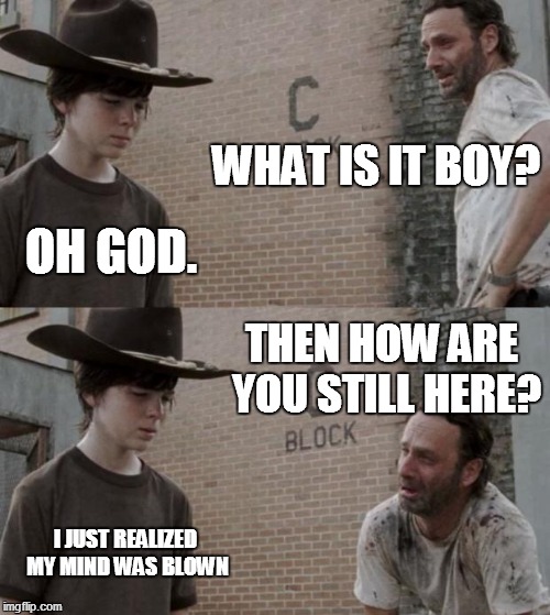 Taking things too literally | WHAT IS IT BOY? OH GOD. THEN HOW ARE YOU STILL HERE? I JUST REALIZED MY MIND WAS BLOWN | image tagged in memes,rick and carl | made w/ Imgflip meme maker