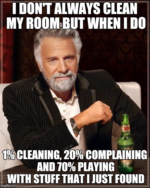 The Most Interesting Man In The World | I DON'T ALWAYS CLEAN MY ROOM BUT WHEN I DO; 1% CLEANING, 20% COMPLAINING AND 70% PLAYING WITH STUFF THAT I JUST FOUND | image tagged in memes,the most interesting man in the world | made w/ Imgflip meme maker