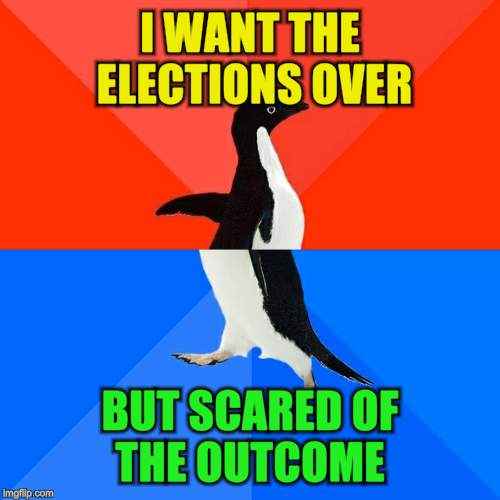 Socially Awesome Awkward Penguin Meme | I WANT THE ELECTIONS OVER BUT SCARED OF THE OUTCOME | image tagged in memes,socially awesome awkward penguin | made w/ Imgflip meme maker