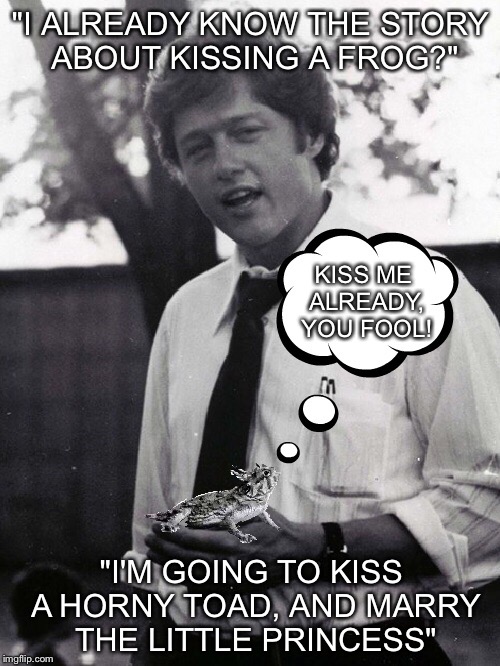 "I ALREADY KNOW THE STORY ABOUT KISSING A FROG?" "I'M GOING TO KISS A HORNY TOAD, AND MARRY THE LITTLE PRINCESS" KISS ME ALREADY, YOU FOOL! | image tagged in hillary the horny toad | made w/ Imgflip meme maker
