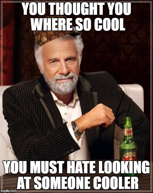 The Most Interesting Man In The World Meme |  YOU THOUGHT YOU WHERE SO COOL; YOU MUST HATE LOOKING AT SOMEONE COOLER | image tagged in memes,the most interesting man in the world,scumbag | made w/ Imgflip meme maker