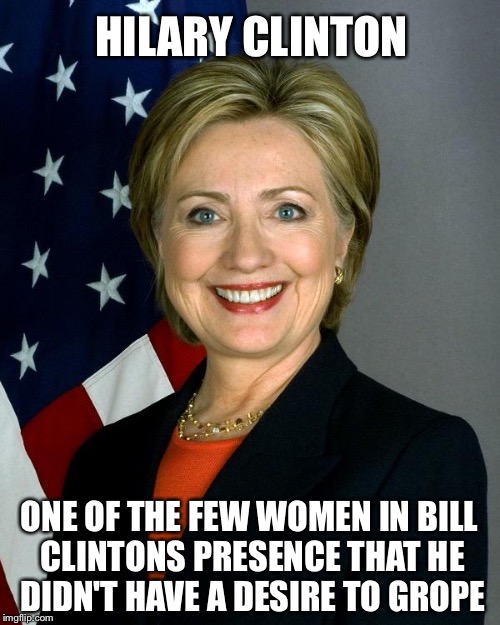 Hillary Clinton Meme | HILARY CLINTON; ONE OF THE FEW WOMEN IN BILL CLINTONS PRESENCE THAT HE DIDN'T HAVE A DESIRE TO GROPE | image tagged in memes,hillary clinton | made w/ Imgflip meme maker