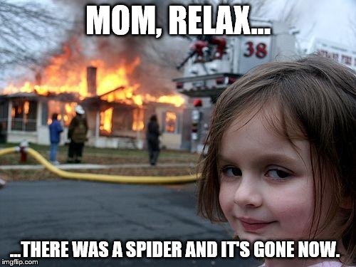 The disaster girl is just trying to help... | MOM, RELAX... ...THERE WAS A SPIDER AND IT'S GONE NOW. | image tagged in memes,disaster girl,spider,relax,overreaction,phew | made w/ Imgflip meme maker