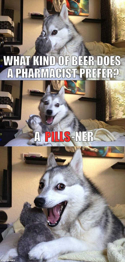 Drug Dog Wisdom | WHAT KIND OF BEER DOES A PHARMACIST PREFER? A              -NER; PILLS | image tagged in memes,bad pun dog,pharmacist,beer | made w/ Imgflip meme maker
