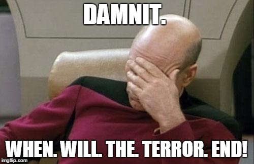 Captain Picard Facepalm Meme | DAMNIT. WHEN. WILL. THE. TERROR. END! | image tagged in memes,captain picard facepalm | made w/ Imgflip meme maker