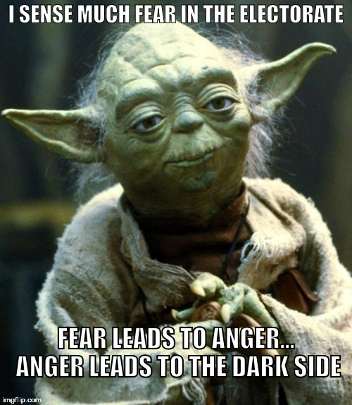 FEC Chairman Yoda | I SENSE MUCH FEAR IN THE ELECTORATE; FEAR LEADS TO ANGER... ANGER LEADS TO THE DARK SIDE | image tagged in memes,star wars yoda,election,outcome | made w/ Imgflip meme maker