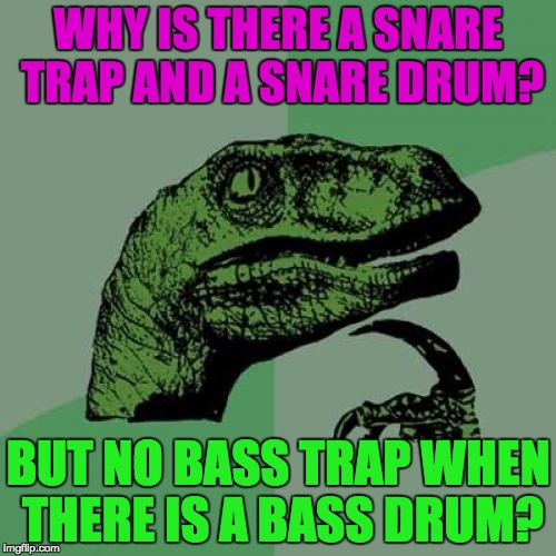 Why do the trap and the drum share the same name?! | WHY IS THERE A SNARE TRAP AND A SNARE DRUM? BUT NO BASS TRAP WHEN THERE IS A BASS DRUM? | image tagged in memes,philosoraptor,music,trap,it's a trap,drums | made w/ Imgflip meme maker