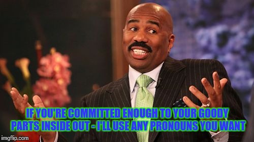 IF YOU'RE COMMITTED ENOUGH TO YOUR GOODY PARTS INSIDE OUT - I'LL USE ANY PRONOUNS YOU WANT | image tagged in memes,steve harvey | made w/ Imgflip meme maker
