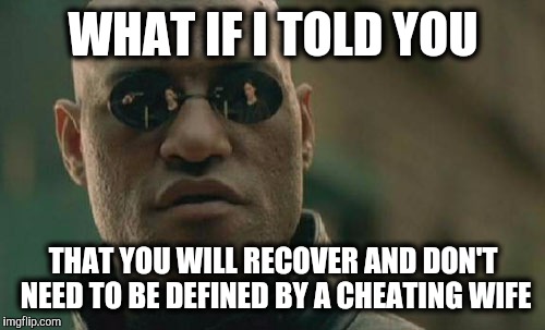 Matrix Morpheus Meme | WHAT IF I TOLD YOU THAT YOU WILL RECOVER AND DON'T NEED TO BE DEFINED BY A CHEATING WIFE | image tagged in memes,matrix morpheus | made w/ Imgflip meme maker