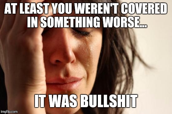First World Problems Meme | AT LEAST YOU WEREN'T COVERED IN SOMETHING WORSE... IT WAS BULLSHIT | image tagged in memes,first world problems | made w/ Imgflip meme maker