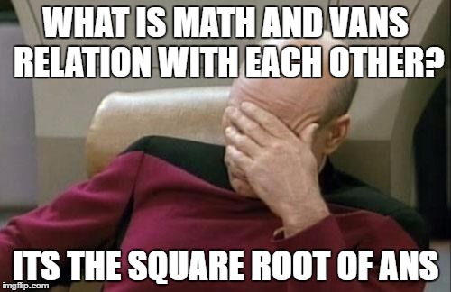 Captain Picard Facepalm Meme | WHAT IS MATH AND VANS RELATION WITH EACH OTHER? ITS THE SQUARE ROOT OF ANS | image tagged in memes,captain picard facepalm | made w/ Imgflip meme maker