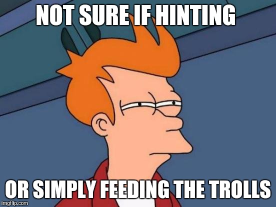 Futurama Fry Meme | NOT SURE IF HINTING; OR SIMPLY FEEDING THE TROLLS | image tagged in memes,futurama fry | made w/ Imgflip meme maker