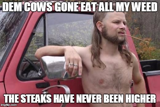 Redneck | DEM COWS GONE EAT ALL MY WEED; THE STEAKS HAVE NEVER BEEN HIGHER | image tagged in redneck | made w/ Imgflip meme maker