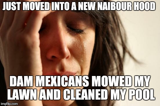 First World Problems Meme | JUST MOVED INTO A NEW NAIBOUR HOOD DAM MEXICANS MOWED MY LAWN AND CLEANED MY POOL | image tagged in memes,first world problems | made w/ Imgflip meme maker
