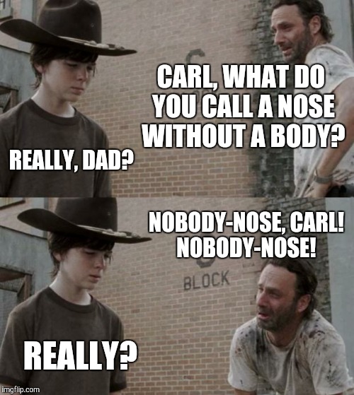 Rick and Carl Meme | CARL, WHAT DO YOU CALL A NOSE WITHOUT A BODY? REALLY, DAD? NOBODY-NOSE, CARL! NOBODY-NOSE! REALLY? | image tagged in memes,rick and carl | made w/ Imgflip meme maker