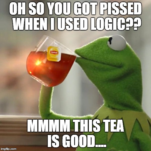 But That's None Of My Business | OH SO YOU GOT PISSED WHEN I USED LOGIC?? MMMM THIS TEA IS GOOD.... | image tagged in memes,but thats none of my business,kermit the frog | made w/ Imgflip meme maker