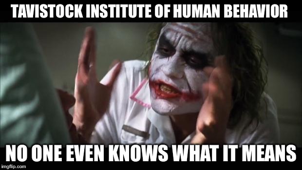 And everybody loses their minds Meme | TAVISTOCK INSTITUTE OF HUMAN BEHAVIOR; NO ONE EVEN KNOWS WHAT IT MEANS | image tagged in memes,and everybody loses their minds | made w/ Imgflip meme maker