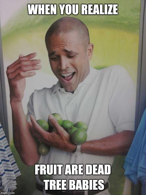 Why Can't I Hold All These Limes Meme | WHEN YOU REALIZE; FRUIT ARE DEAD TREE BABIES | image tagged in memes,why can't i hold all these limes | made w/ Imgflip meme maker