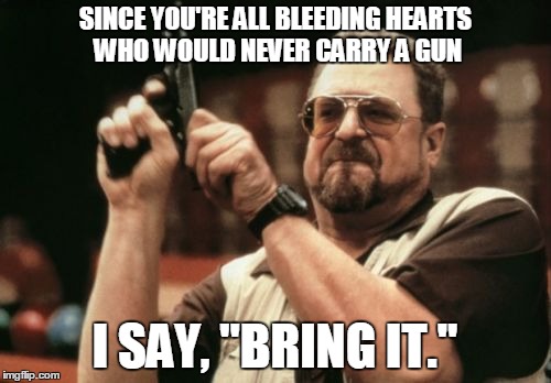 Am I The Only One Around Here Meme | SINCE YOU'RE ALL BLEEDING HEARTS WHO WOULD NEVER CARRY A GUN I SAY, "BRING IT." | image tagged in memes,am i the only one around here | made w/ Imgflip meme maker