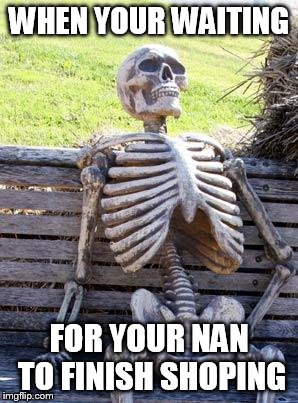 Waiting Skeleton | WHEN YOUR WAITING; FOR YOUR NAN TO FINISH SHOPING | image tagged in memes,waiting skeleton | made w/ Imgflip meme maker