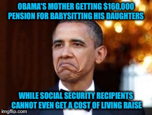 Is this a good use of our tax dollars? | OBAMA'S MOTHER GETTING $160,000 PENSION FOR BABYSITTING HIS DAUGHTERS; WHILE SOCIAL SECURITY RECIPIENTS CANNOT EVEN GET A COST OF LIVING RAISE | image tagged in obama not bad | made w/ Imgflip meme maker