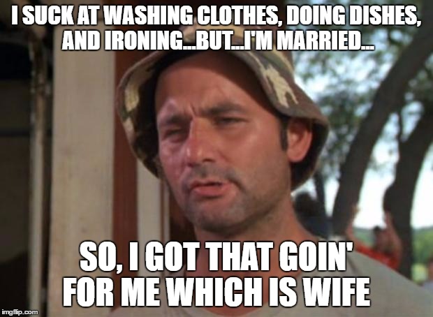 So I Got That Goin For Me Which Is Nice Meme | I SUCK AT WASHING CLOTHES, DOING DISHES, AND IRONING...BUT...I'M MARRIED... SO, I GOT THAT GOIN' FOR ME WHICH IS WIFE | image tagged in memes,so i got that goin for me which is nice | made w/ Imgflip meme maker