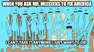 WHEN YOU ASK MR. MEESEEKS TO FIX AMERICA | image tagged in rick and morty,america,help | made w/ Imgflip meme maker