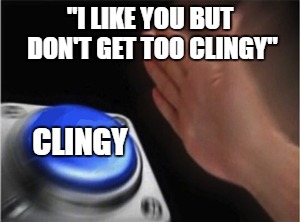 No text in 10 minutes? Must be cheating on me! | "I LIKE YOU BUT DON'T GET TOO CLINGY"; CLINGY | image tagged in blank nut button | made w/ Imgflip meme maker