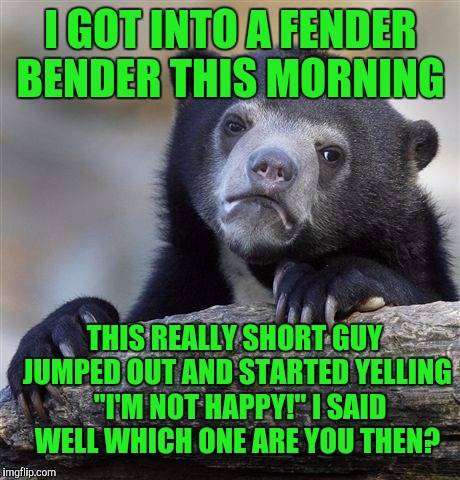 Confession Bear Meme | I GOT INTO A FENDER BENDER THIS MORNING; THIS REALLY SHORT GUY JUMPED OUT AND STARTED YELLING  "I'M NOT HAPPY!" I SAID WELL WHICH ONE ARE YOU THEN? | image tagged in memes,confession bear | made w/ Imgflip meme maker