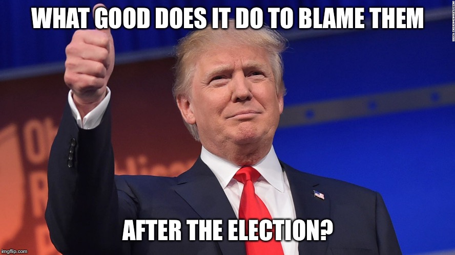 Trump Thumbs Up | WHAT GOOD DOES IT DO TO BLAME THEM AFTER THE ELECTION? | image tagged in trump thumbs up | made w/ Imgflip meme maker
