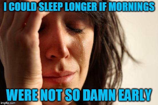 First World Problems Meme | I COULD SLEEP LONGER IF MORNINGS WERE NOT SO DAMN EARLY | image tagged in memes,first world problems | made w/ Imgflip meme maker