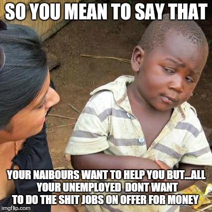 Third World Skeptical Kid Meme | SO YOU MEAN TO SAY THAT YOUR NAIBOURS WANT TO HELP YOU BUT...ALL YOUR UNEMPLOYED  DONT WANT TO DO THE SHIT JOBS ON OFFER FOR MONEY | image tagged in memes,third world skeptical kid | made w/ Imgflip meme maker