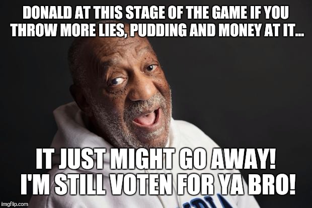 Bill Cosby | DONALD AT THIS STAGE OF THE GAME IF YOU THROW MORE LIES, PUDDING AND MONEY AT IT... IT JUST MIGHT GO AWAY! I'M STILL VOTEN FOR YA BRO! | image tagged in bill cosby | made w/ Imgflip meme maker