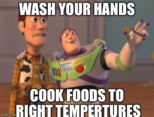 X, X Everywhere Meme | WASH YOUR HANDS; COOK FOODS TO RIGHT TEMPERTURES | image tagged in memes,x x everywhere | made w/ Imgflip meme maker