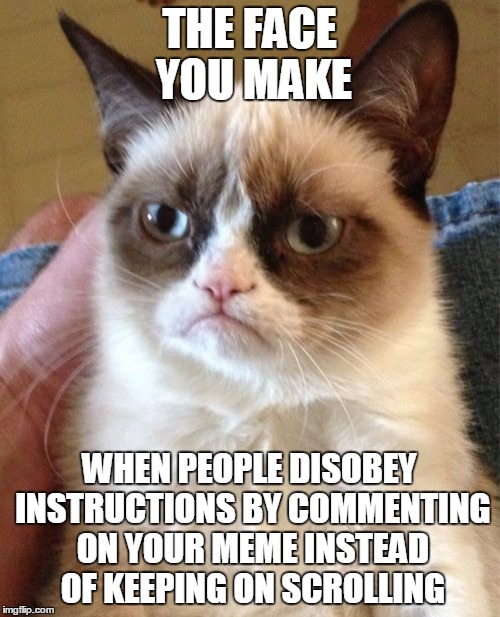 Grumpy Cat Meme | THE FACE YOU MAKE WHEN PEOPLE DISOBEY INSTRUCTIONS BY COMMENTING ON YOUR MEME INSTEAD OF KEEPING ON SCROLLING | image tagged in memes,grumpy cat | made w/ Imgflip meme maker