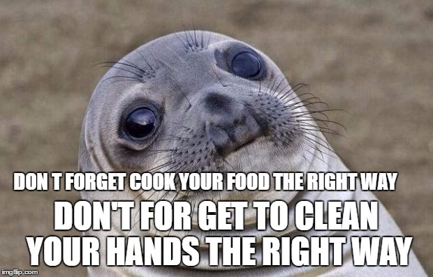 Awkward Moment Sealion Meme | DON T FORGET COOK YOUR FOOD THE RIGHT WAY; DON'T FOR GET TO CLEAN YOUR HANDS THE RIGHT WAY | image tagged in memes,awkward moment sealion | made w/ Imgflip meme maker