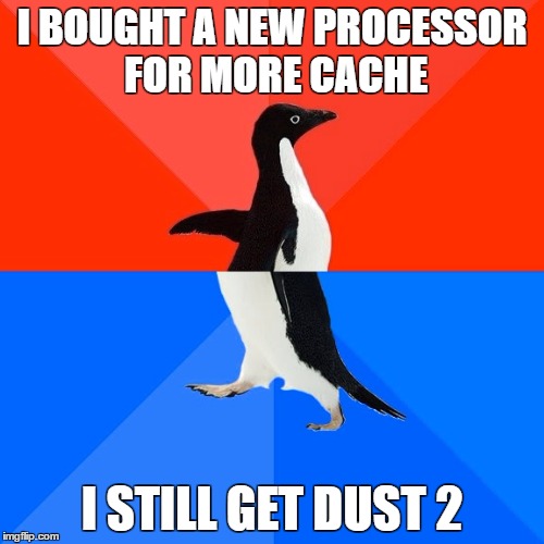 Socially Awesome Awkward Penguin | I BOUGHT A NEW PROCESSOR FOR MORE CACHE; I STILL GET DUST 2 | image tagged in memes,socially awesome awkward penguin | made w/ Imgflip meme maker