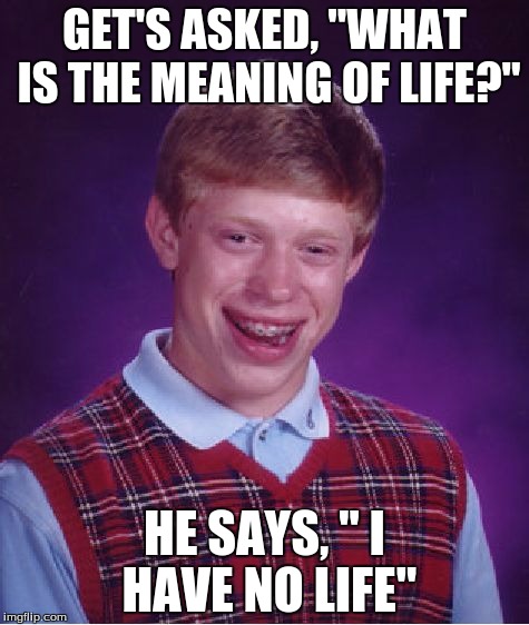 Bad Luck Brian | GET'S ASKED, "WHAT IS THE MEANING OF LIFE?"; HE SAYS, " I HAVE NO LIFE" | image tagged in memes,bad luck brian | made w/ Imgflip meme maker