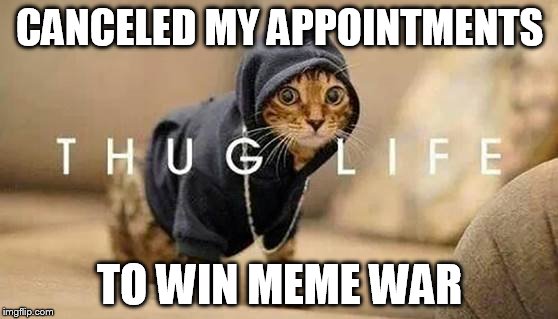 CANCELED MY APPOINTMENTS; TO WIN MEME WAR | image tagged in thug life | made w/ Imgflip meme maker