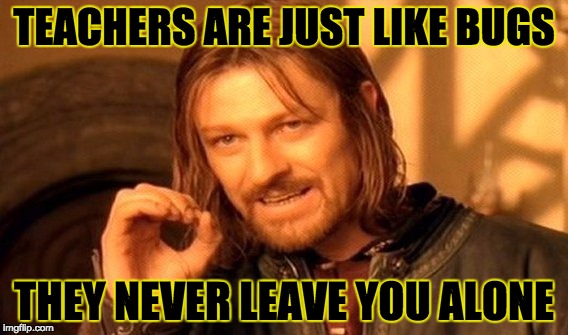 One Does Not Simply Meme | TEACHERS ARE JUST LIKE BUGS; THEY NEVER LEAVE YOU ALONE | image tagged in memes,one does not simply | made w/ Imgflip meme maker