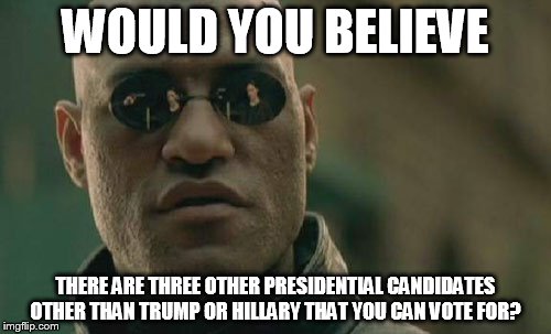 Matrix Morpheus | WOULD YOU BELIEVE; THERE ARE THREE OTHER PRESIDENTIAL CANDIDATES OTHER THAN TRUMP OR HILLARY THAT YOU CAN VOTE FOR? | image tagged in memes,matrix morpheus | made w/ Imgflip meme maker