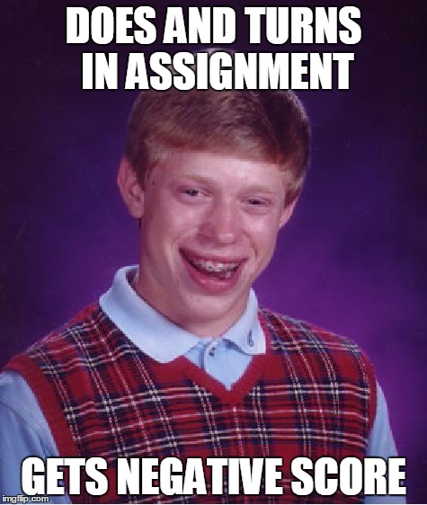 Bad Luck Brian Meme | DOES AND TURNS IN ASSIGNMENT; GETS NEGATIVE SCORE | image tagged in memes,bad luck brian | made w/ Imgflip meme maker