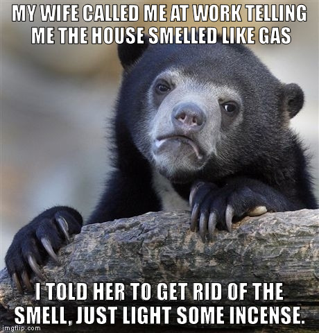 Confession Bear | MY WIFE CALLED ME AT WORK TELLING ME THE HOUSE SMELLED LIKE GAS; I TOLD HER TO GET RID OF THE SMELL, JUST LIGHT SOME INCENSE. | image tagged in memes,confession bear,funny,funny memes,marriage,wife | made w/ Imgflip meme maker